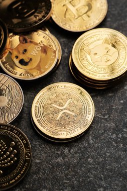 XRP kripto para birimi çeşitli altın kripto para birimleri ile çevrili, dikey biçimdeName