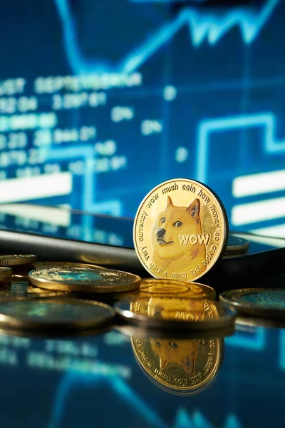 Hisse senedi grafiklerinin bulanık arkaplanına mavi renkte sahip dogecoin kripto para birimine yakın plan