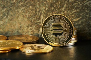 Diğer kripto para birimleriyle çevrili altın Solana kripto para birimine yakın çekim ve kopyalama alanı