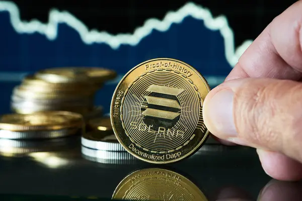 Bulanık bir borsa tablosunun önünde Solana bozuk para tutan bir el..