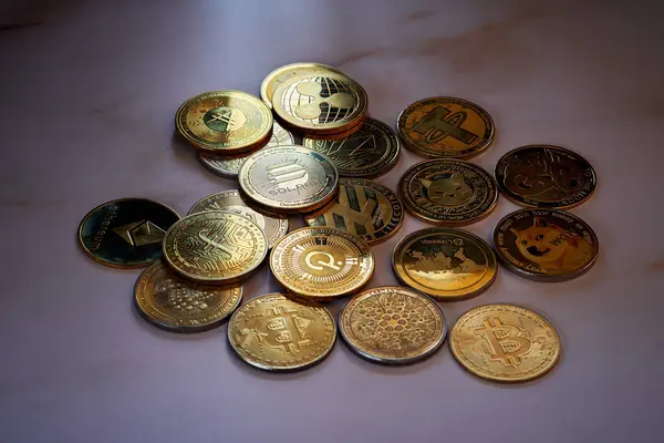 Açık gri bir yüzeye serilmiş altın kripto para koleksiyonu..