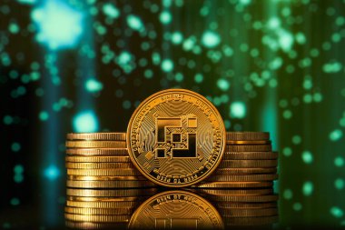 Altın binans kripto birimleri ön planda renkli ve parlak bir dijital arkaplan üzerine istiflenmiştir.