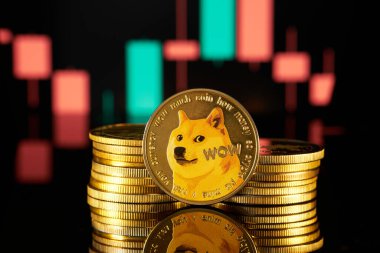 Dogecoin kripto para birimi, piyasa dalgalanmalarını gösteren bir ticaret grafiği ile gösterilir.