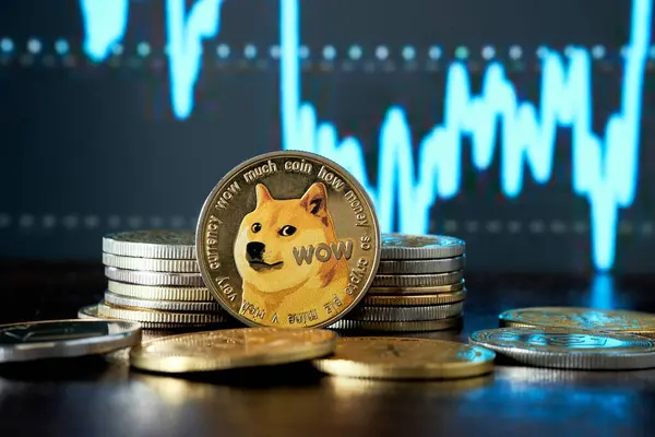 Dogecoin kripto para birimi ve grafik istatistik arkaplanı