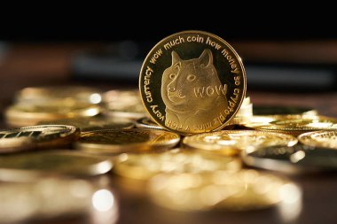 Parlak kripto para koleksiyonu ahşap bir masaya yayılmış, ortada açıkça görülebilen bir Dogecoin sikkesi, ortam ışığı altında parlıyor..