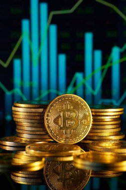 Bitcoin paraları dijital piyasa analiz çizelgesinin önüne istiflenmiştir, yükselen eğilimleri göstermektedir, bugün kripto para yatırımlarına olan artan ilgiyi göstermektedir..
