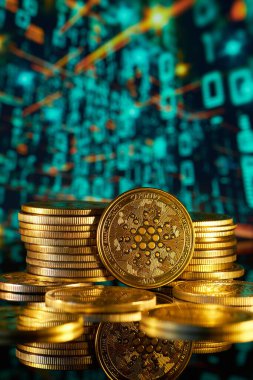 Cardano kripto para birimini temsil eden parlak altın paralar, dijital finansmanı sembolize eden ikili kodların bulanık, yüksek teknolojili dijital arka planına karşı gösteriliyor..