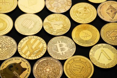 Sayısız kripto para birimini temsil eden farklı altın sikkeler, benzersiz tasarımlarını ve tanımlayıcılarını sergileyen siyah bir yüzeye yerleştirilmiştir..