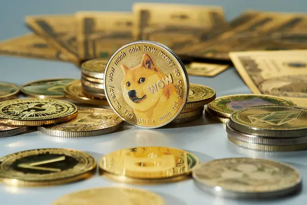 Çeşitli kripto para birimleri gösteriliyor, bir Dogecoin sikkesi öne çıkıyor ve 