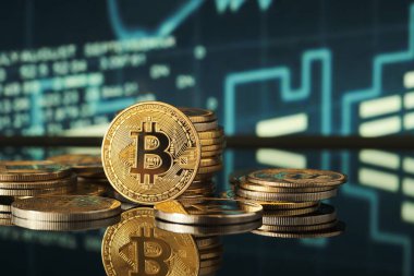Parlak bitcoin para yığınları yansıtıcı bir yüzey üzerinde zarifçe düzenlenirken, grafiksel grafikler arka planda kripto para eğilimleri gösterir.