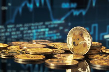 Altın renkli Dogecoin sikkeleri büyük oranda bir Doge motifi sergiliyor. Arka planda bir dijital grafik değişen pazar eğilimlerini ve verileri gösterir.
