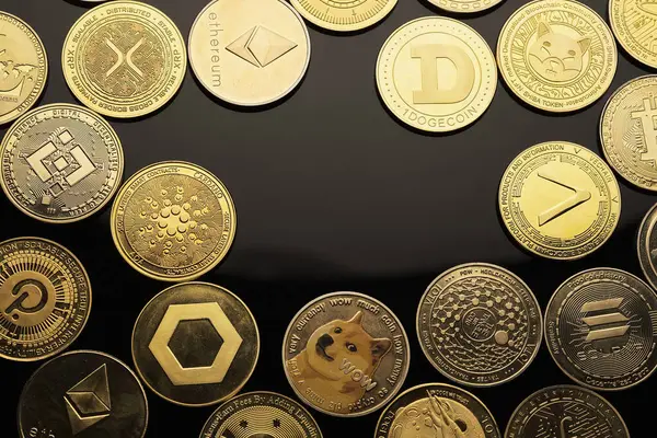 Farklı kripto para birimlerine sahip çeşitli koleksiyonluk paralar siyah yansıtıcı bir yüzey üzerinde düzenlenir, karmaşık tasarımlar ve logolar sergilenir..