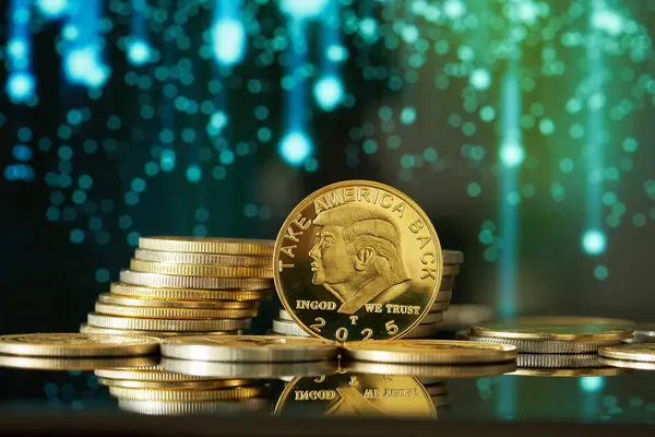 Kripto Para Birimini Koz. Yazılı altın sikkeler yansıtıcı bir yüzeye istiflenirken, renkli finansal grafikler arka planda eğilimleri göstererek yatırım temaları ortaya koyuyor.