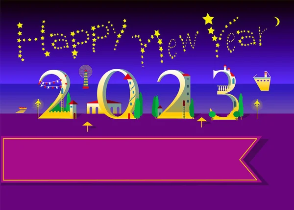 Noční Plážový Nápis Šťastný Nový Rok2023 Žlutý Text Jako Hvězdy — Stock fotografie