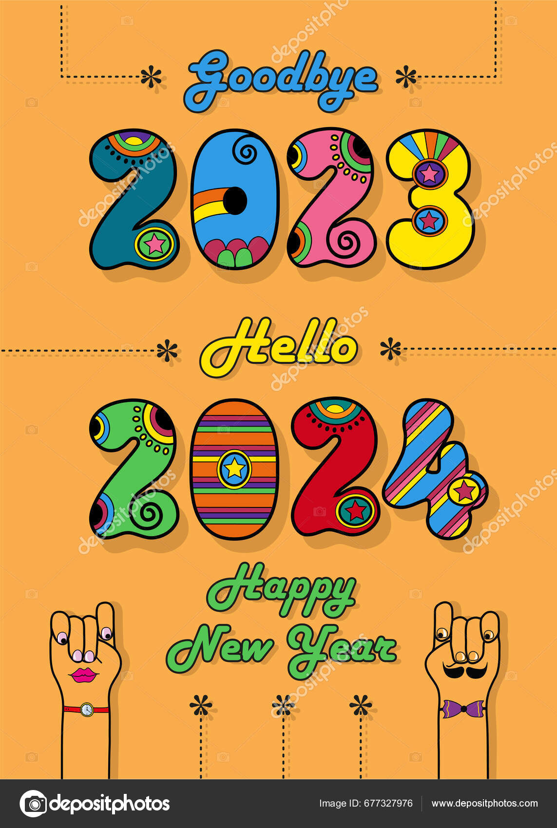 Disco New Year 2024 Greeting Card Goodbye 2023 Hello 2024 Stock Vector