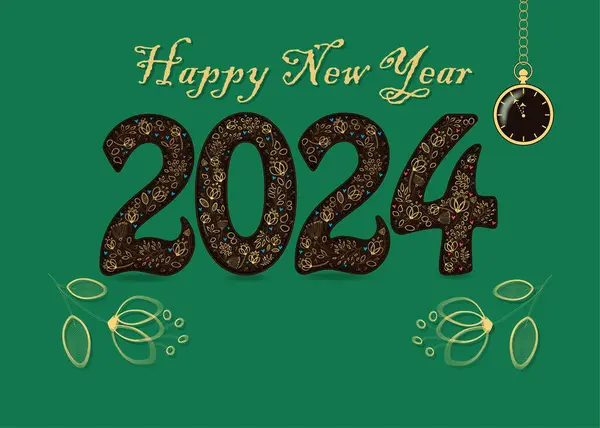 祝您2024年新年快乐 装饰着金黄色的花卉 美丽的花朵和心灵 黄色的文字 两个大花框中的数字 和有一个地方的自定义文字 一只袖珍金表显示五到十二点 背景是绿色的 — 图库矢量图片#