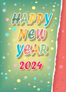 Renkli harflerin 2024 yılbaşı kutlamaları ve suluboya efektli ve beyaz hatlı kırmızı bir 2024 numara. Arka plan yeşil ve kırmızı, yırtık kağıt kenarı ve konfetiyle. 