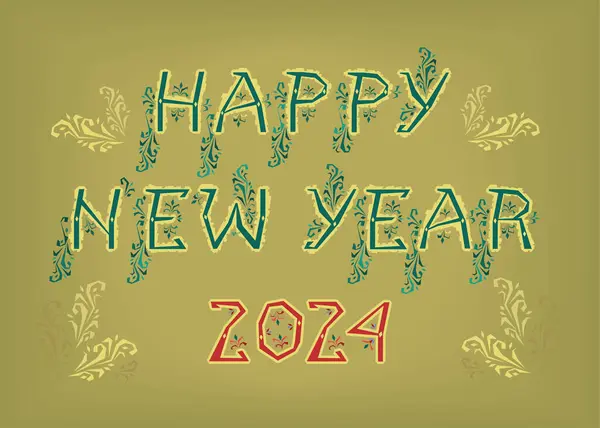 Folk Art New Year 2024 Greeting Card. Vintage Happy New Year 2024. Its artistic green letters and bold red number are embellished with charming folk botanical decor.