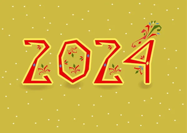 New Year 2024 Folk Art. A festive illustration of a red number 2024 with folk floral decor on a yellow background with snowfall. It is perfect for New Year\'s greetings, cards, and other designs