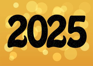 2025 numaralı cesur siyah kartın olduğu bu canlı ve sanatsal kartla yeni yıla hazır olun. Parlak bir sprey dekorla süslenmiş. Kutlamalarına biraz heyecan katıyor. Neşeli sarı arkaplan ve bulanık ışık.