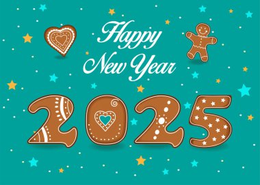 Mutlu yıllar 2025 zencefilli kurabiyeler. Noel zencefilli kurabiyelerden yapılmış, yeşil arka planda beyaz kremalı, yıldızlı ve konfetili kahverengi bir alfabenin şenlikli bir çizimi. Resimde bir kalp ve zencefilli kurabiye de yer alıyor.. 