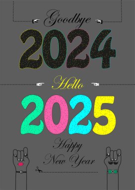 Retro Greeting Card: Say goodbye to 2024 and welcome 2025 with open arms. This charming illustration features colorful numbers and playful cartoon hands, capturing the spirit of the New Year clipart