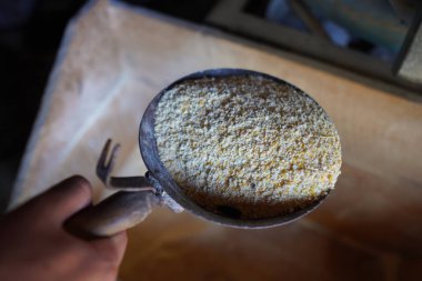 Corn flour in an old mill. A hand holding a cornmeal packing tool. Natural flour from cereals