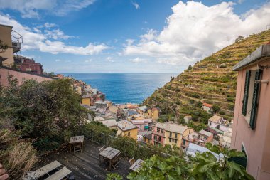 Cinque Terre Ulusal Parkı 'ndaki Manarola köyünün göz kamaştırıcı manzarası renkli evleri ve İtalya' nın Liguria bölgesindeki deniz kıyısındaki kayalıklarda yeşil terasları olan güzel şehir manzarası. Dış seyahat arka planı