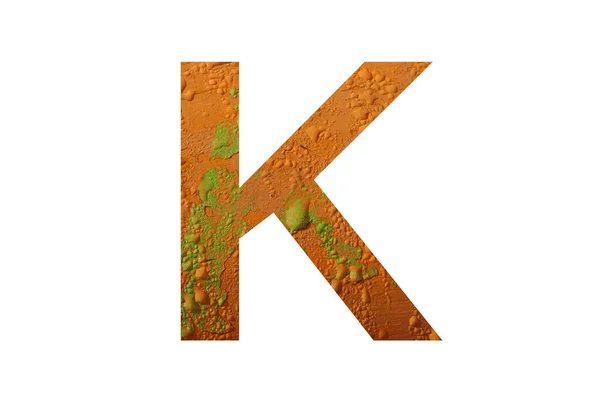 字母K的字母K 背景为橙色 有雨滴 颜色为橙色 绿色和黄色 — 图库照片