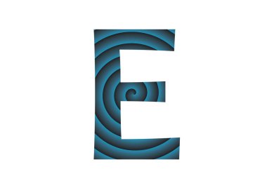 Alfabedeki e harfi koyu ve açık mavi dairelerden yapılmış, beyaz arka planda izole edilmiş.