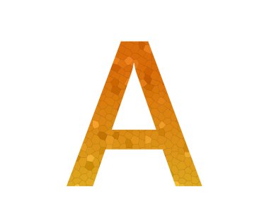 Letter A of the alphabet made with a color gradient from yellow to orange and a pattern of hexagons mosaic, isolated on a white background