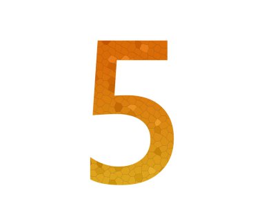 Number 5 of the alphabet made with a color gradient from yellow to orange and a pattern of hexagons mosaic, isolated on a white background