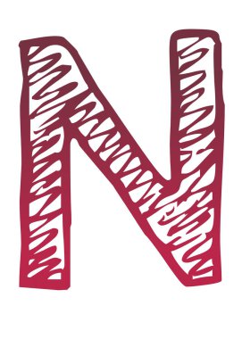 Alfabedeki N harfi, beyaz arkaplanda izole edilmiş, kırmızıdan pembeye doğru renk eğimine sahip.