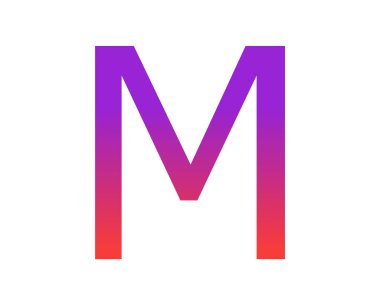 Letter M of the alphabet made with color gradient from purple to red, isolated on a white background