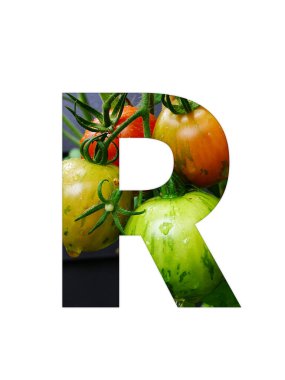 Letter R of the alphabet made with a bunch of tomatoes, yellow unripe and red ripe tomatoes, isolated on a white background