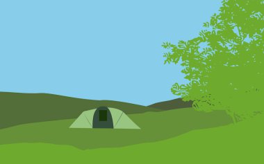 vacation vector: a tent in the mountains, camping in nature, by day, with colors green and blue