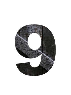 number 9 of the alphabet made with made with old brown wooden planks, isolated with a white background