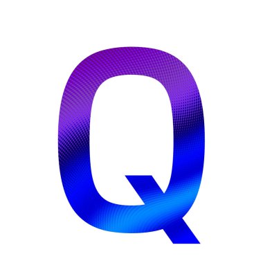 Alfabenin Q harfi mor ve mavi arkaplanlı, beyaz arkaplanda izole edilmiş.