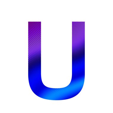 Alfabenin U harfi mor ve mavi arkaplanlı, beyaz arkaplanda izole edilmiş.