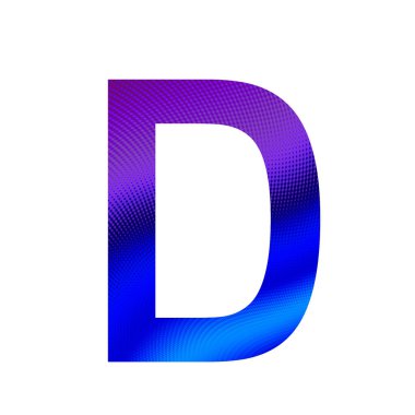 Alfabenin D harfi mor ve mavi arkaplanlı, beyaz arkaplanda izole edilmiş.