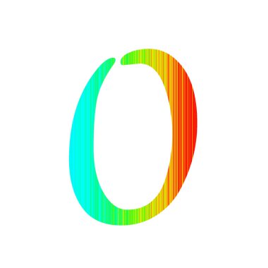 Gökkuşağının renkleriyle çizgili alfabenin 0 numarası, mavi, yeşil, sarı ve kırmızı renklidir. beyaz arkaplanda izole edilmiş