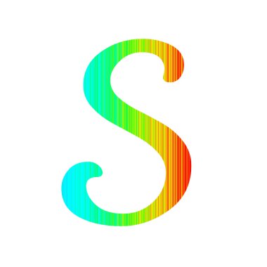 Alfabenin S harfi gökkuşağının renkleriyle çizgili, mavi, yeşil, sarı ve kırmızı renklerle. beyaz arkaplanda izole edilmiş