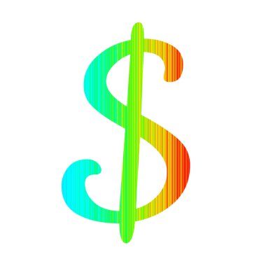 Gökkuşağının renkleriyle çizgili, mavi, yeşil, sarı ve kırmızı renklerle yapılan alfabenin dolar işareti. beyaz arkaplanda izole edilmiş
