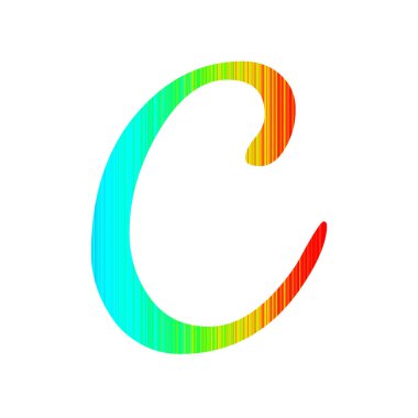 Gökkuşağının renkleriyle çizgili alfabenin C harfi, mavi, yeşil, sarı ve kırmızı renklidir. beyaz arkaplanda izole edilmiş