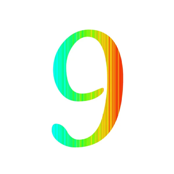 数字9的字母表的条纹彩虹的颜色 与蓝色 黄色和红色 在白色背景上隔离 — 图库照片