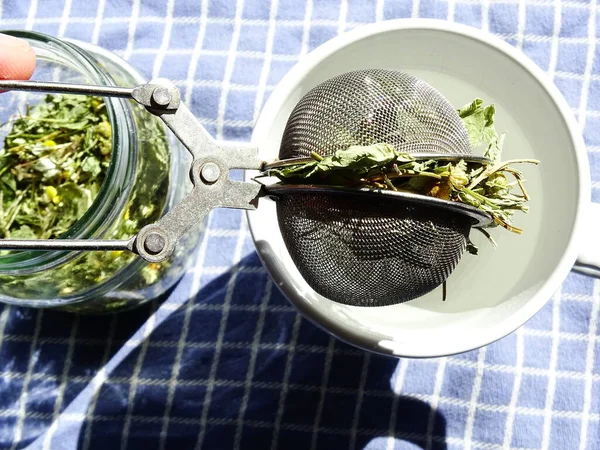Self Dried Herbal Tea Chamomile Lemon Balm Mint Glass Jar — Stock Photo, Image