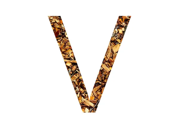 字母V 用褐色碎木片制成 用白色背景隔开的字母表字母V — 图库照片