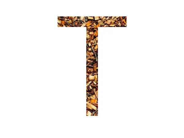 白地に隔離された茶色の木細工で作られたアルファベットの文字T — ストック写真