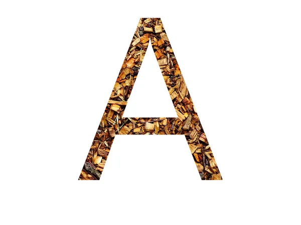 Buchstabe Des Alphabets Aus Braunem Holzschredder Isoliert Auf Weißem Hintergrund — Stockfoto