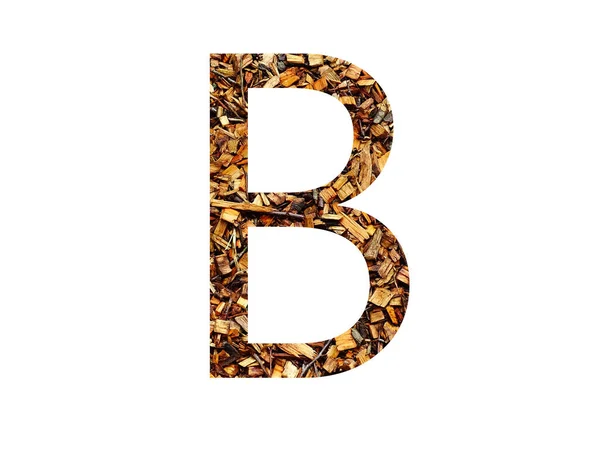 字母B的字母B 用褐色的碎木片制成 用白色背景隔开 — 图库照片